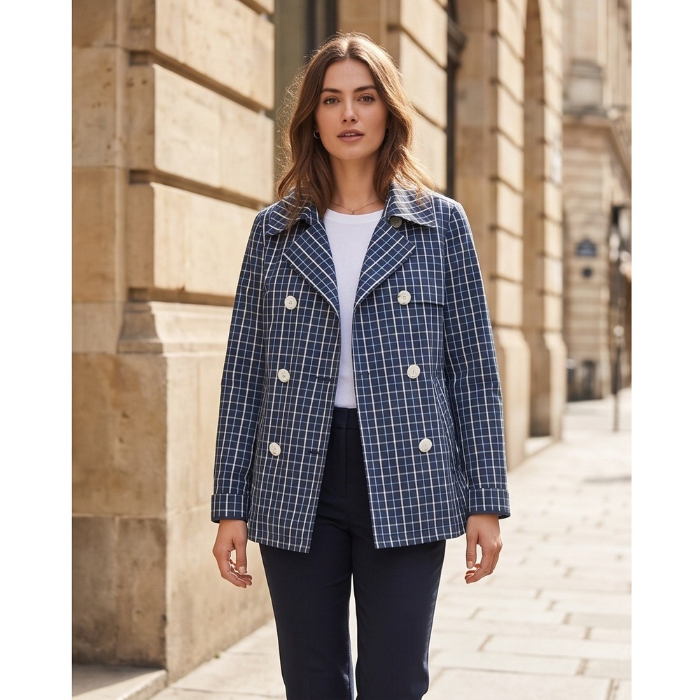 Lauren‎ Ralph Lauren 0 Navy Grid Plaid Double Breasted Pea Coat Jacket No Belt